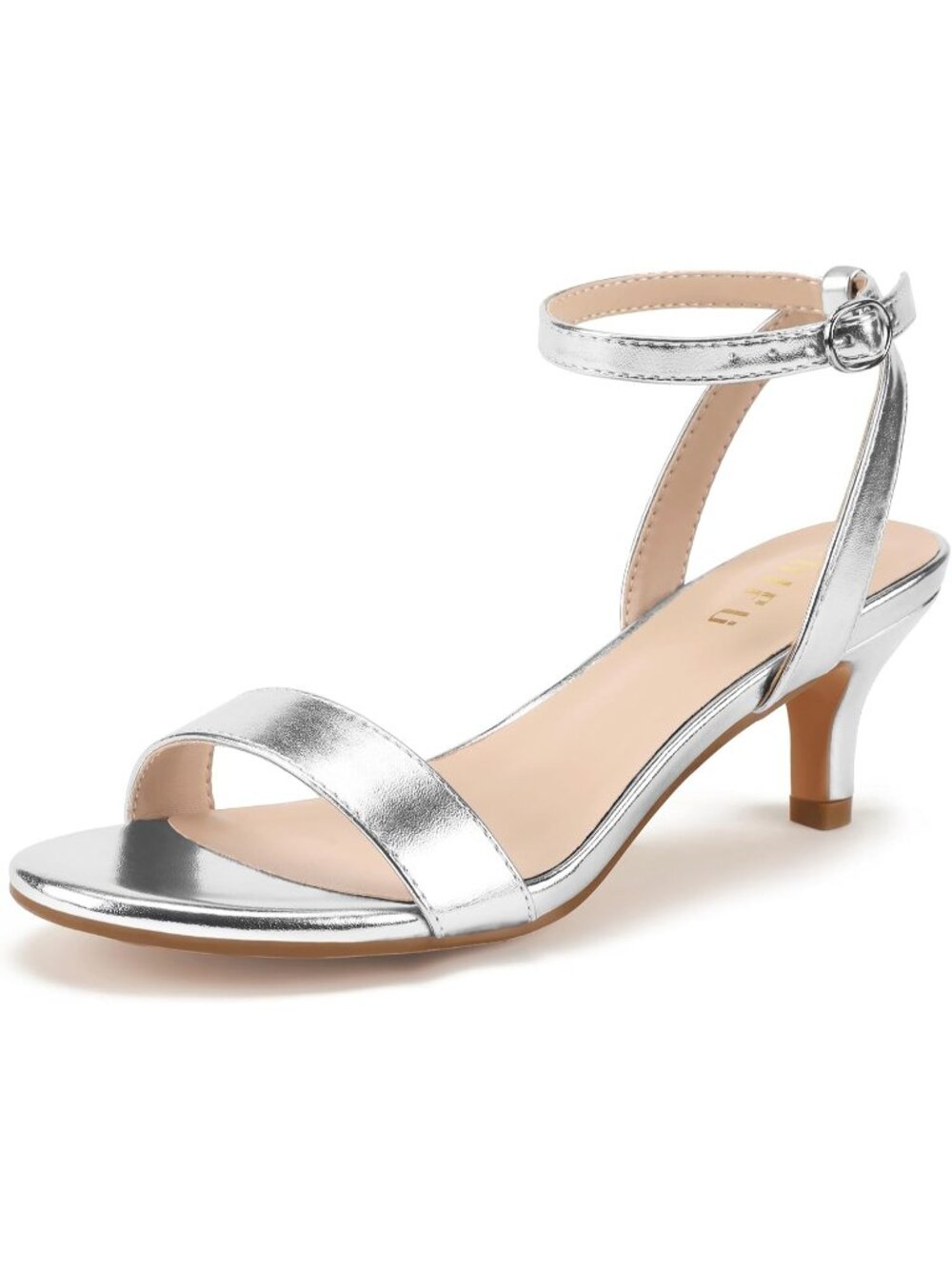 Women's Silver Pu Kitten Heels Low Open Round Toe Short Ankle Strap Heel Sandals